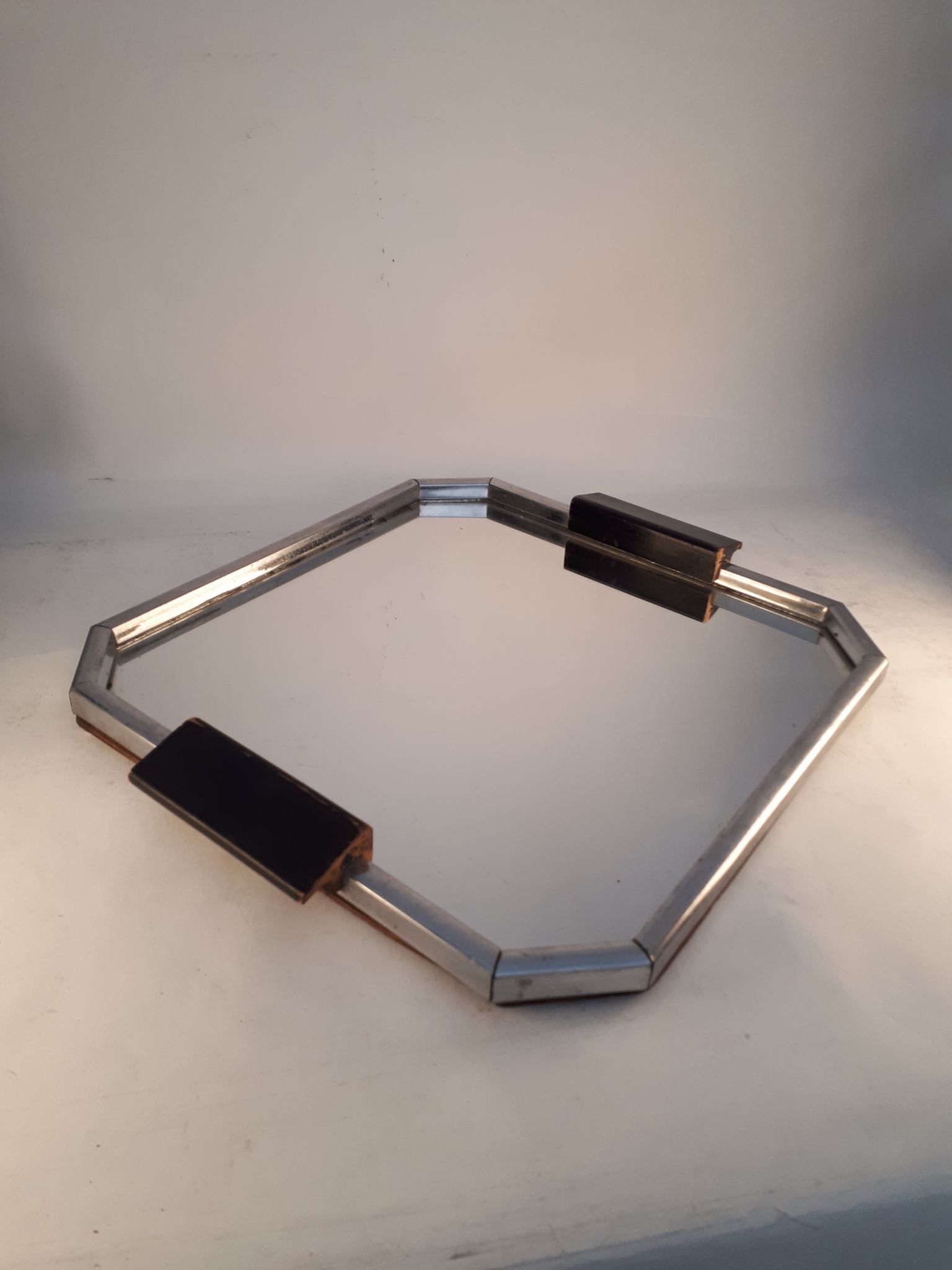 Plateau de service miroir métal et bois carré art déco 1930