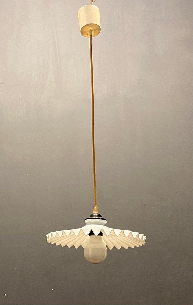 Opaline pleated glass light pendants, set of 2