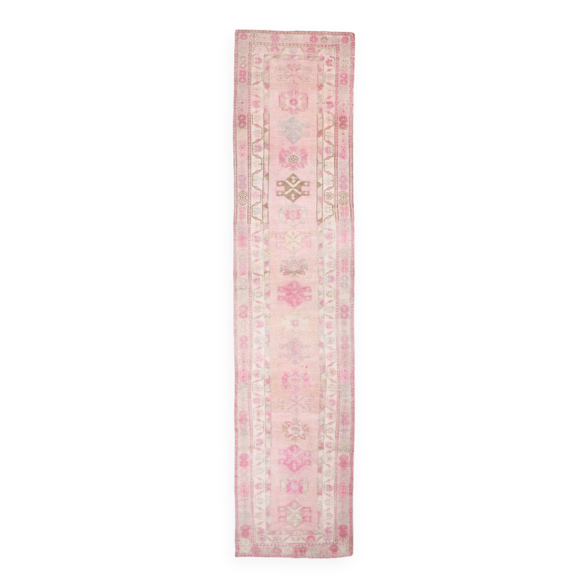 3x12 Soft Pink & Brown Turkish Runner Rug, 86x374CM
