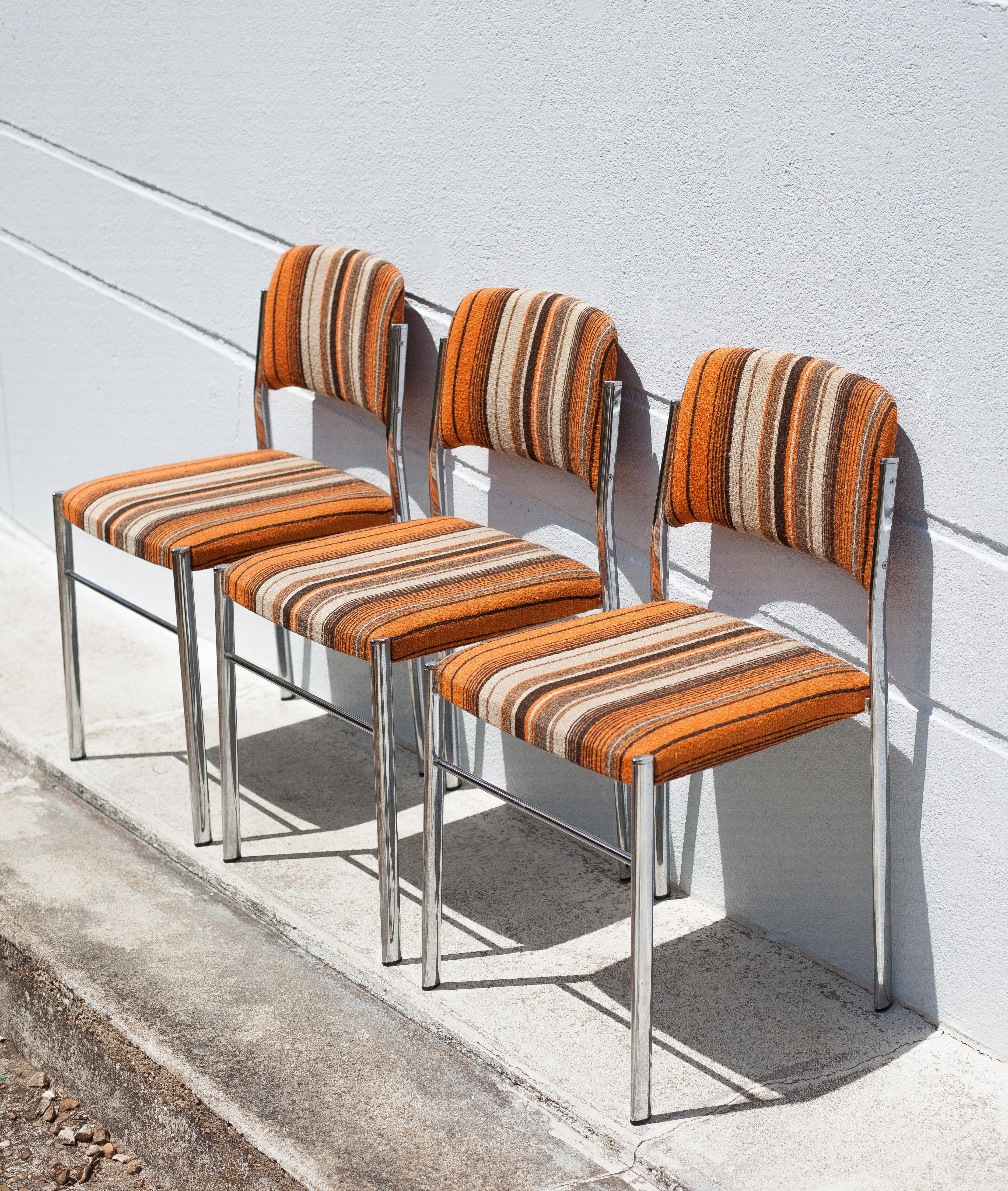 Lot 3 chairs vintage fabric, chrome metal chair, orange/brown/beige wool fabric, retro