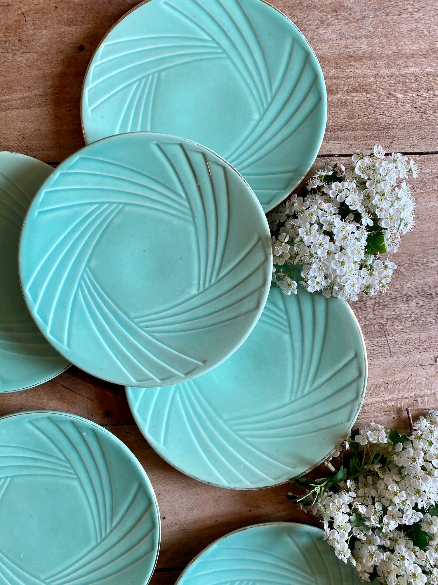 Set of 6 vintage art deco mint and gold desseet plates