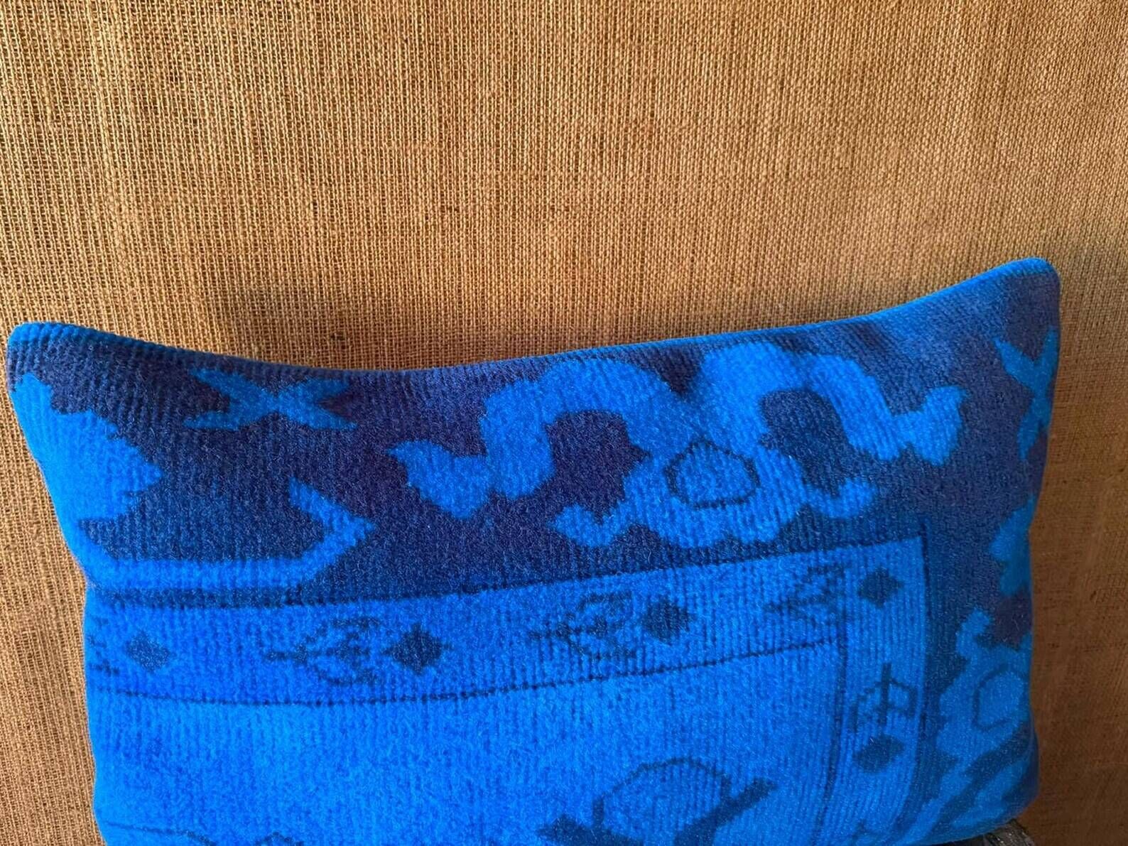 Electric Blue Vintage Turkish Rug Pillow, Hand-Stitched Wool Cushion
