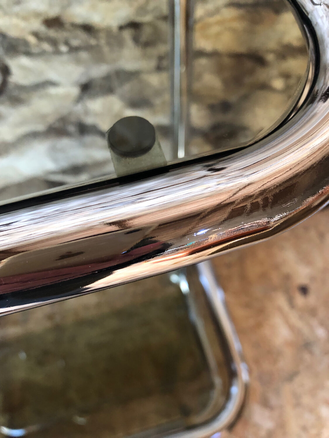 Chromed metal shelf and smoked glass