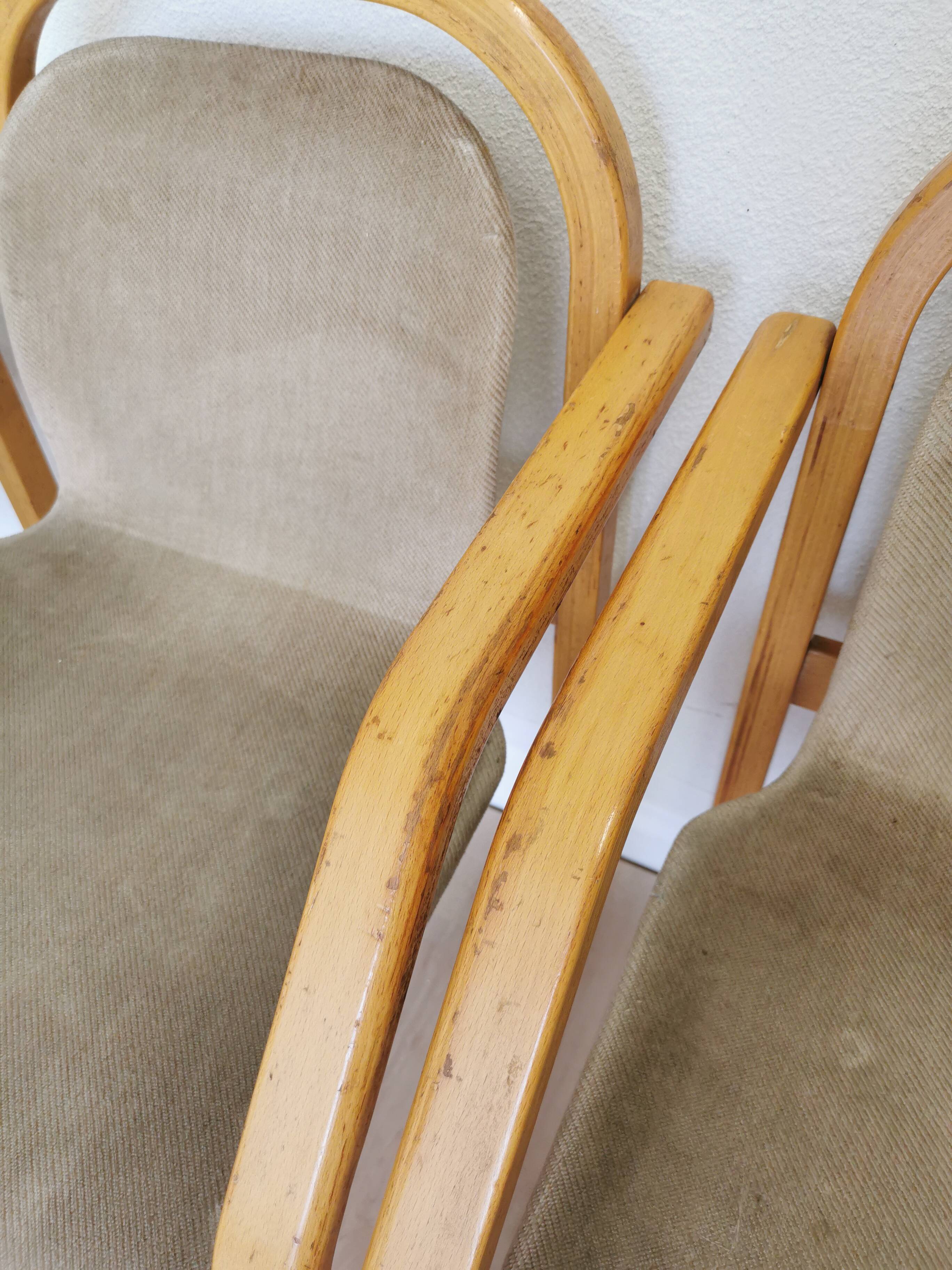 Set of 4 Vintage Beech Wood Dining Chairs: 1970s Space Age Gray Fabric