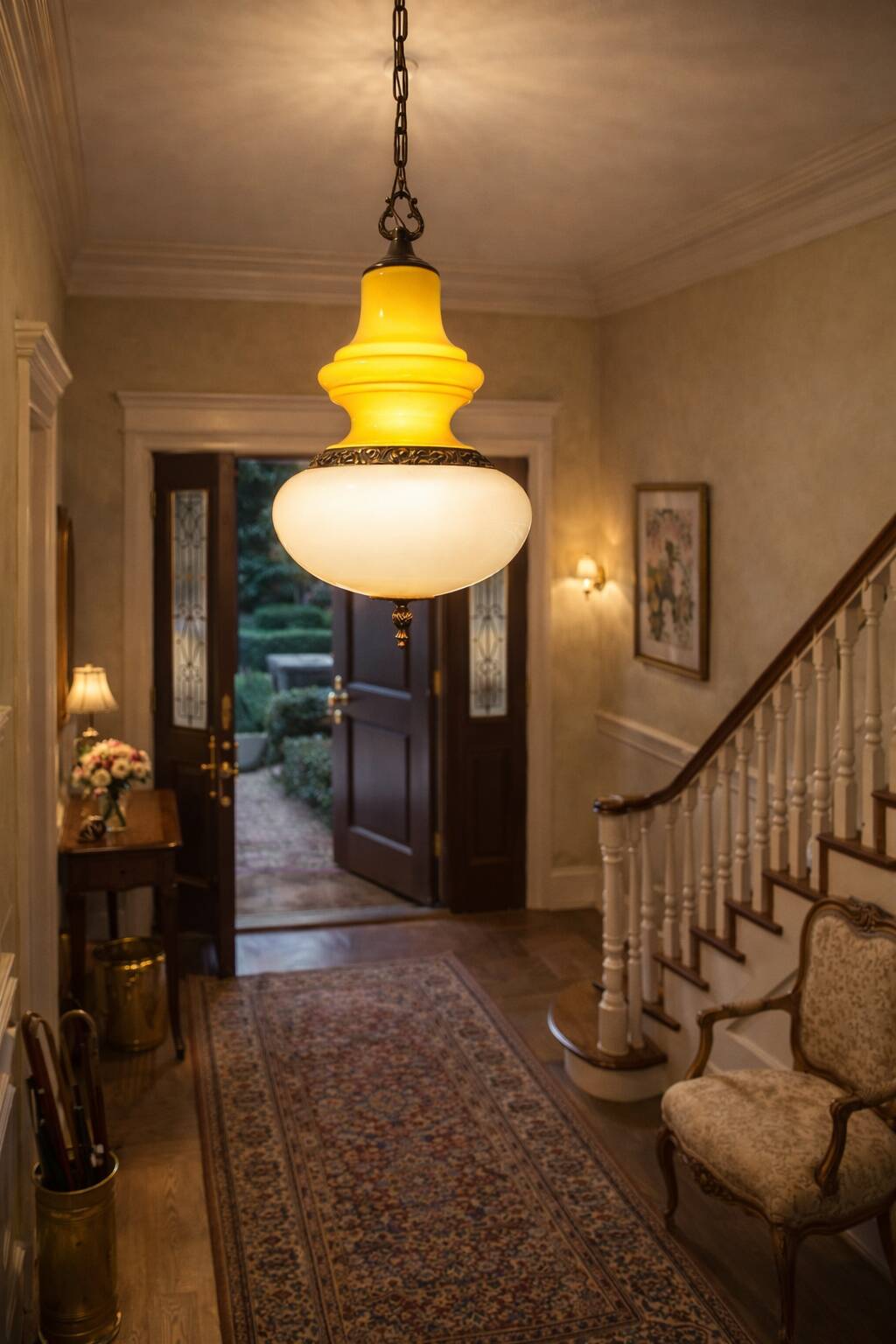 Opaline glass and brass suspension, Italy, 1960s.
