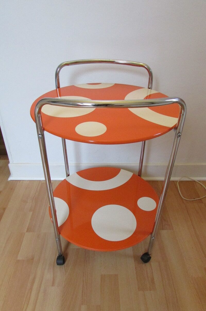 Pedestal table, vintage service on wheels, orange and white
