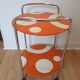Pedestal table, vintage service on wheels, orange and white