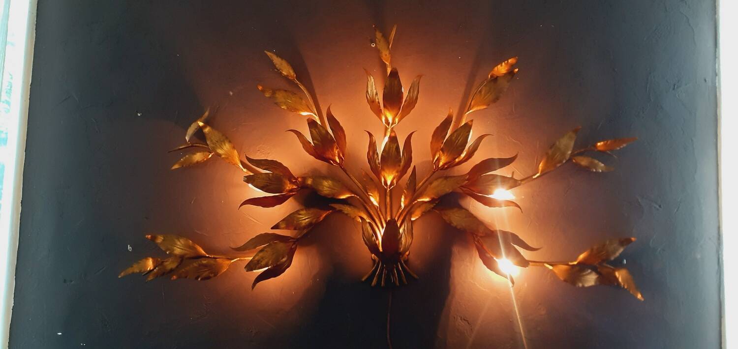 Monumental Vintage Wall Lamp with Golden Leaf Decor by Hans Kögl, 1960s