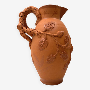 Vase Cruche en terre cuite vintage avec ornement végétale