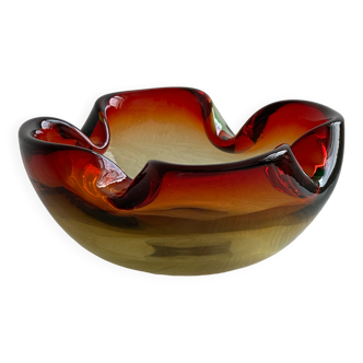 Murano style blown glass cup, multi-colored red gradient ashtray