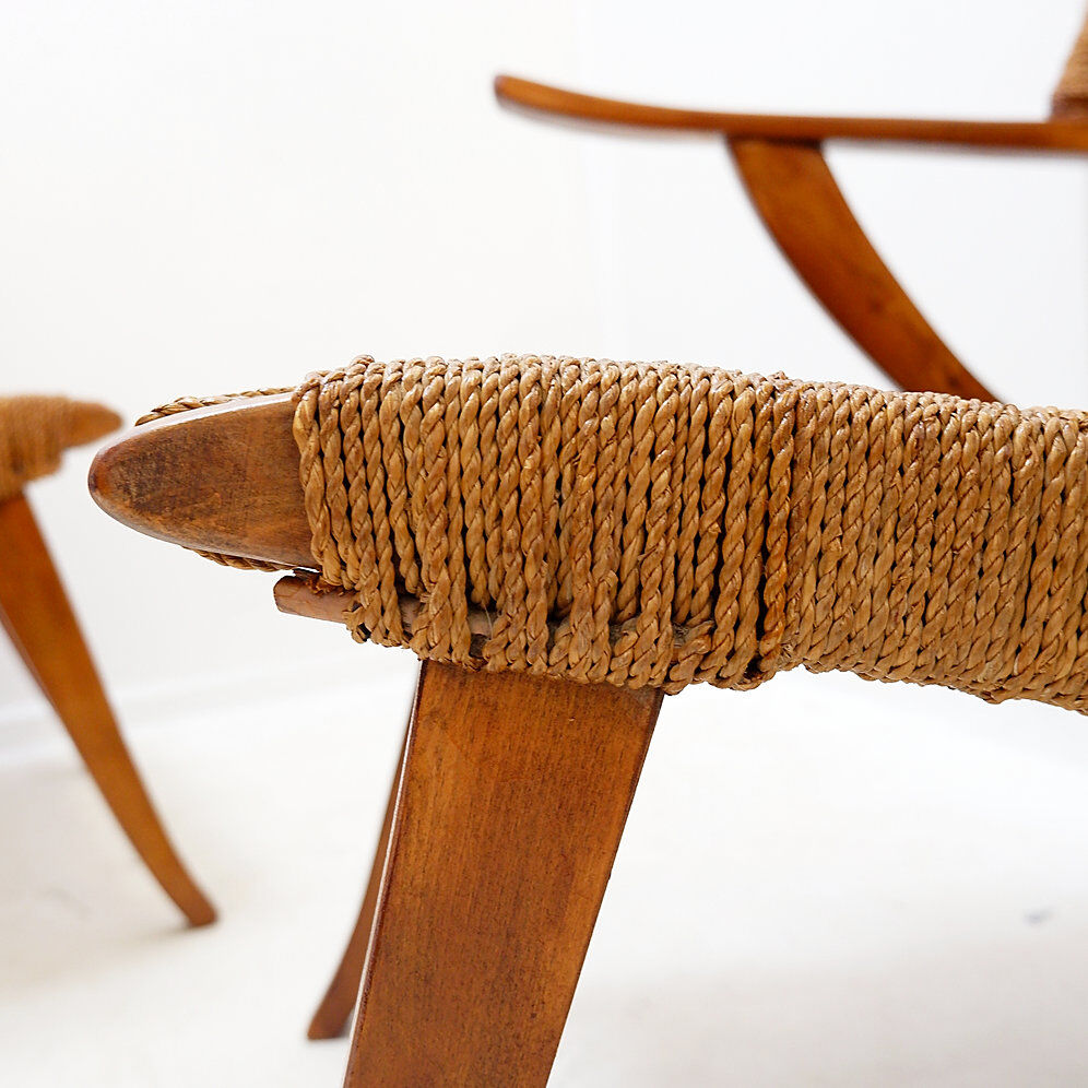 Pair of rope and wood armchairs - 1950s