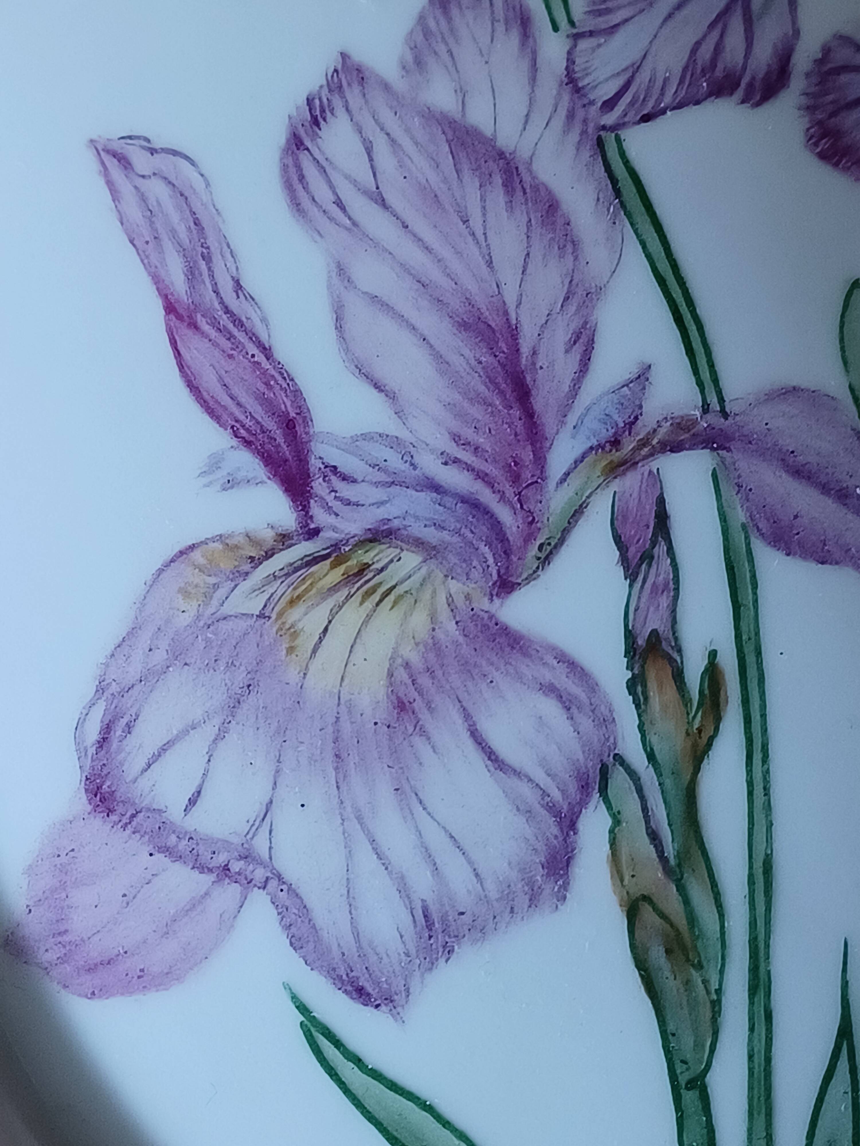 Hand Painted Porcelain Iris Flower Medallion.