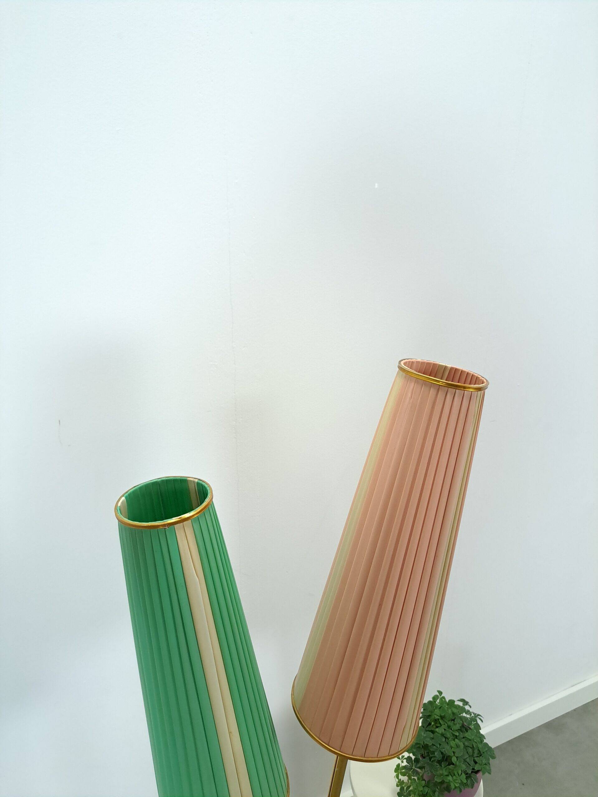 1950s floor lamp with pink and green shade and gold-coloured legs