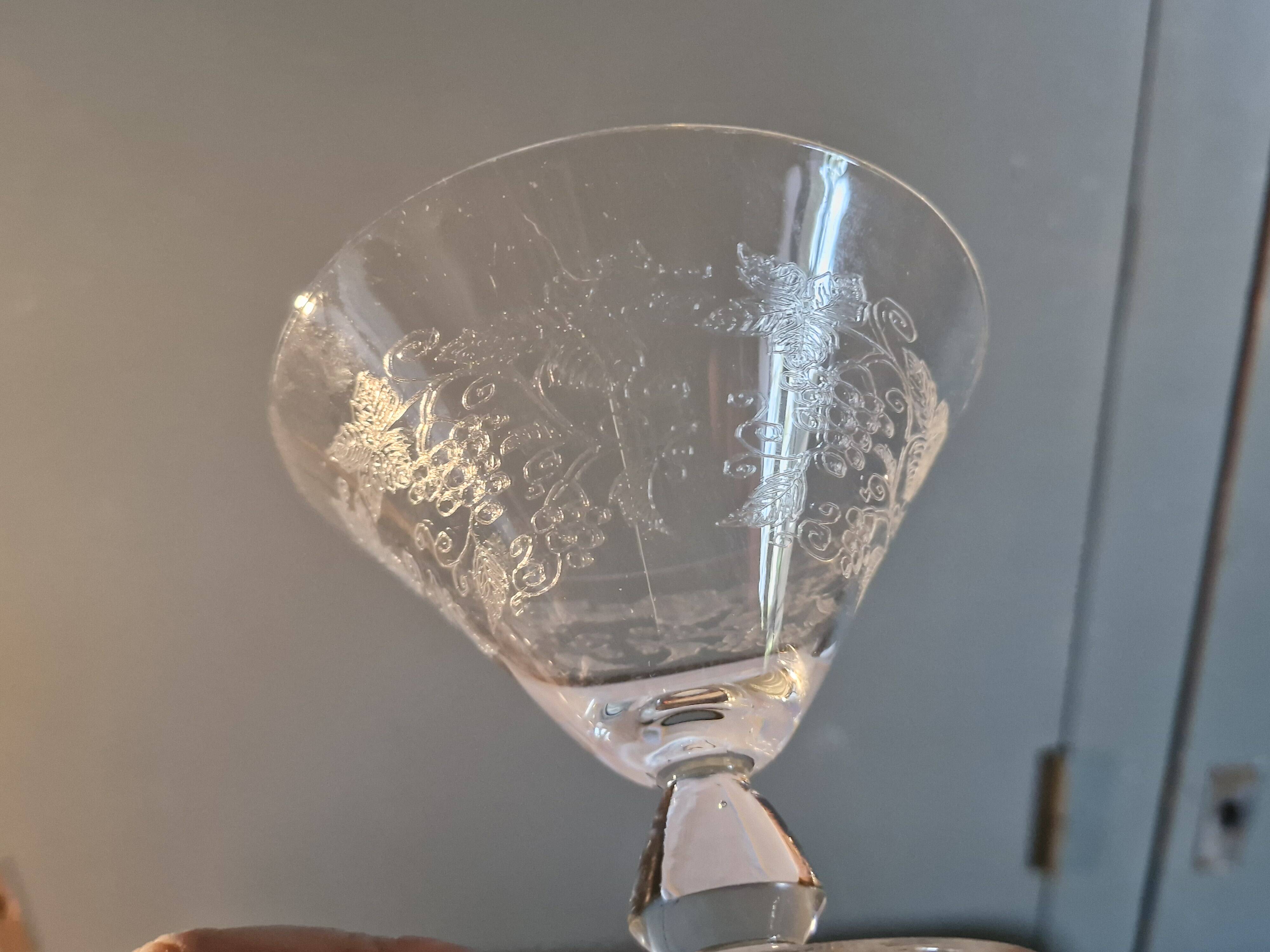 7 Art Deco crystal champagne coupes, grape clusters (+ 2 gifts)