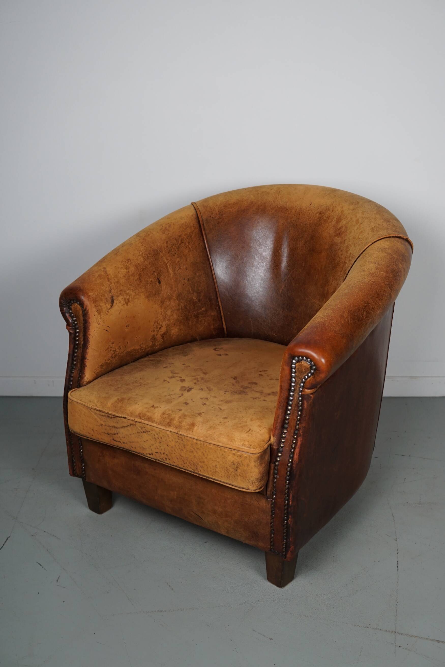 Vintage dutch cognac colored leather club chair