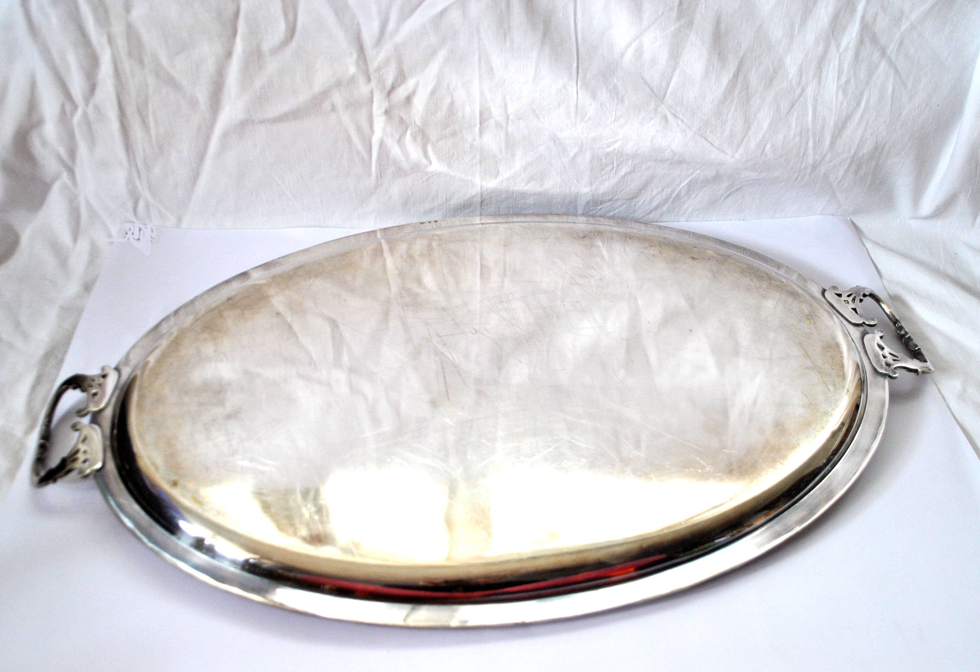 Grand plateau en métal argenté 75x40cm Orfèvre Poirier Dumonteil 1900