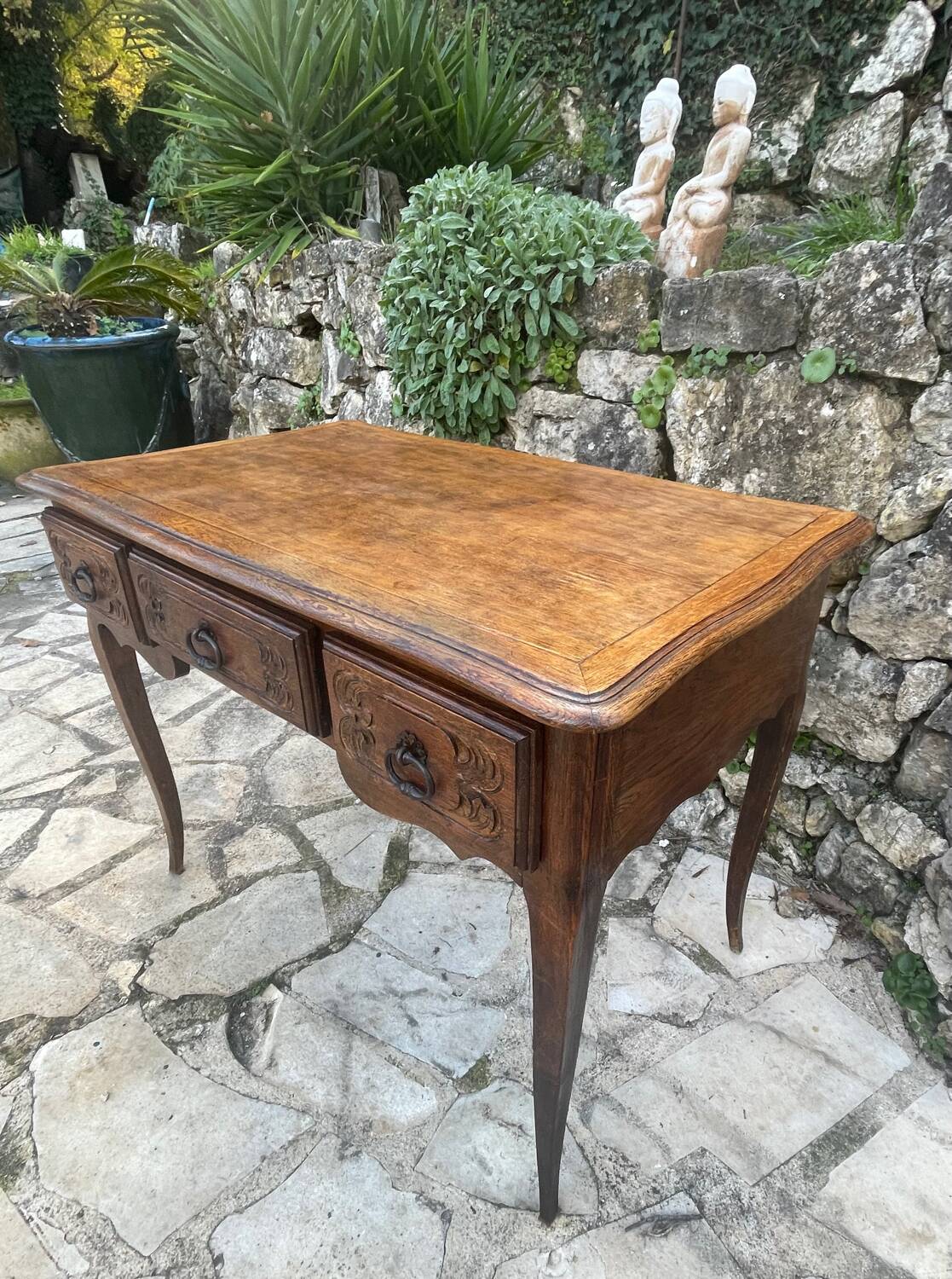 Louis XV style carved solid oak writing table, 19th century
