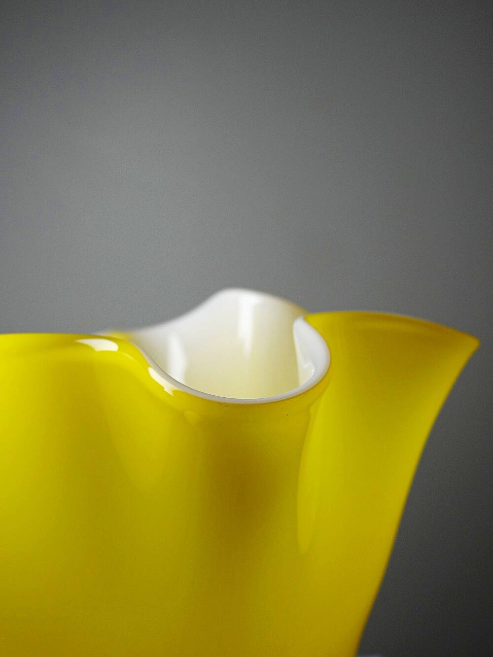 Fazzoletto vase in blown Italian glass, yellow opaline lined, Murano 1960-70.
