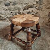 Vintage beechwood stool with straw seat – France, 1950s
