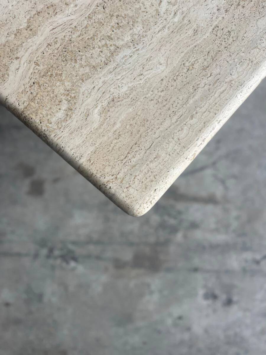 Light beige travertine Italian minimalist coffee table, solid natural stone 1980s