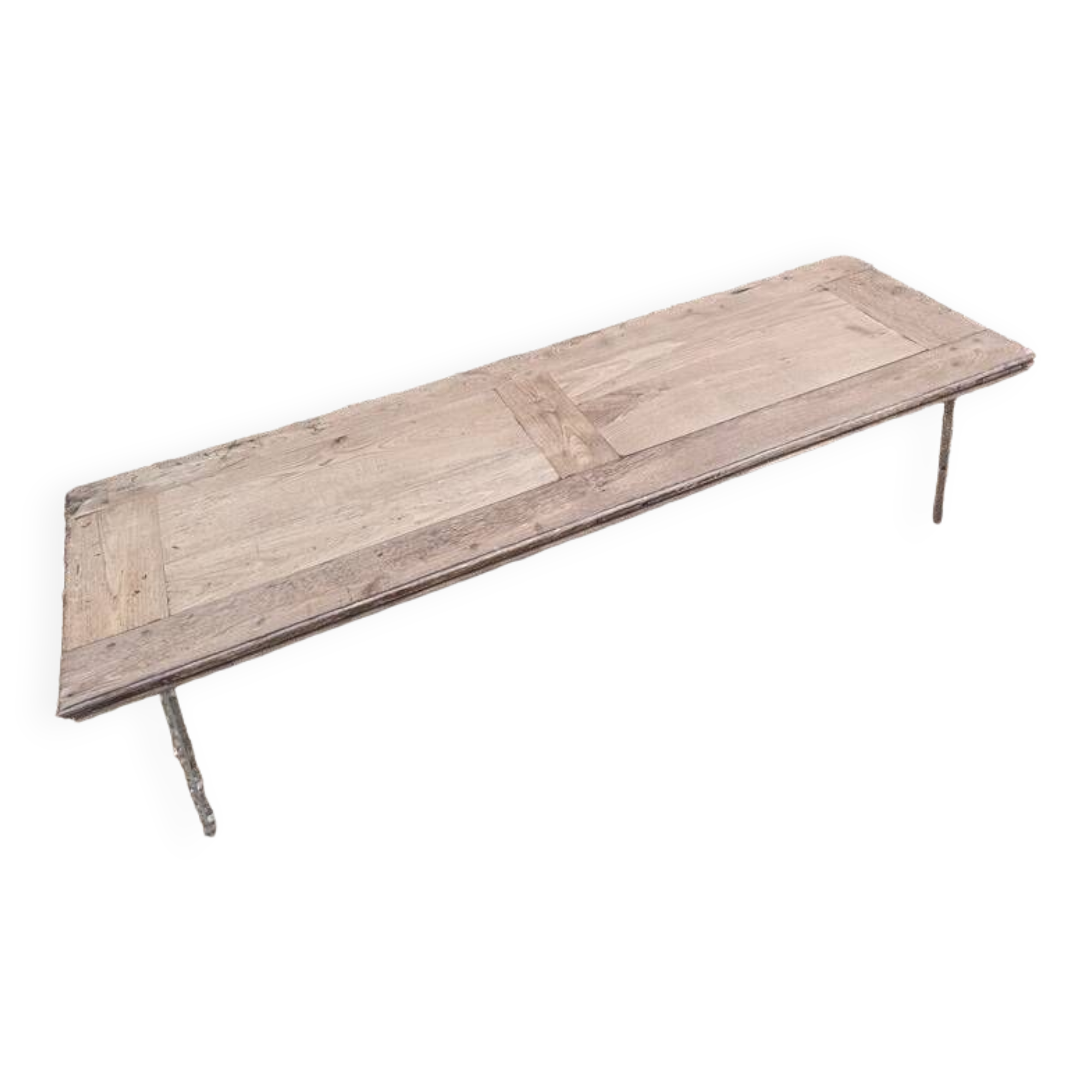 Solid wood living room coffee table with patinated chrome metal legs