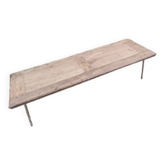 Solid wood living room coffee table with patinated chrome metal legs