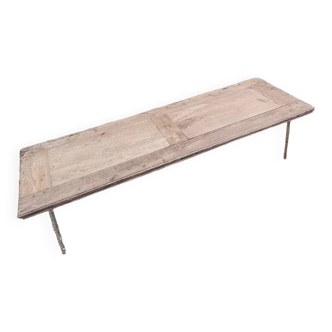 Table basse salon bois massif pieds métal chromé patiné