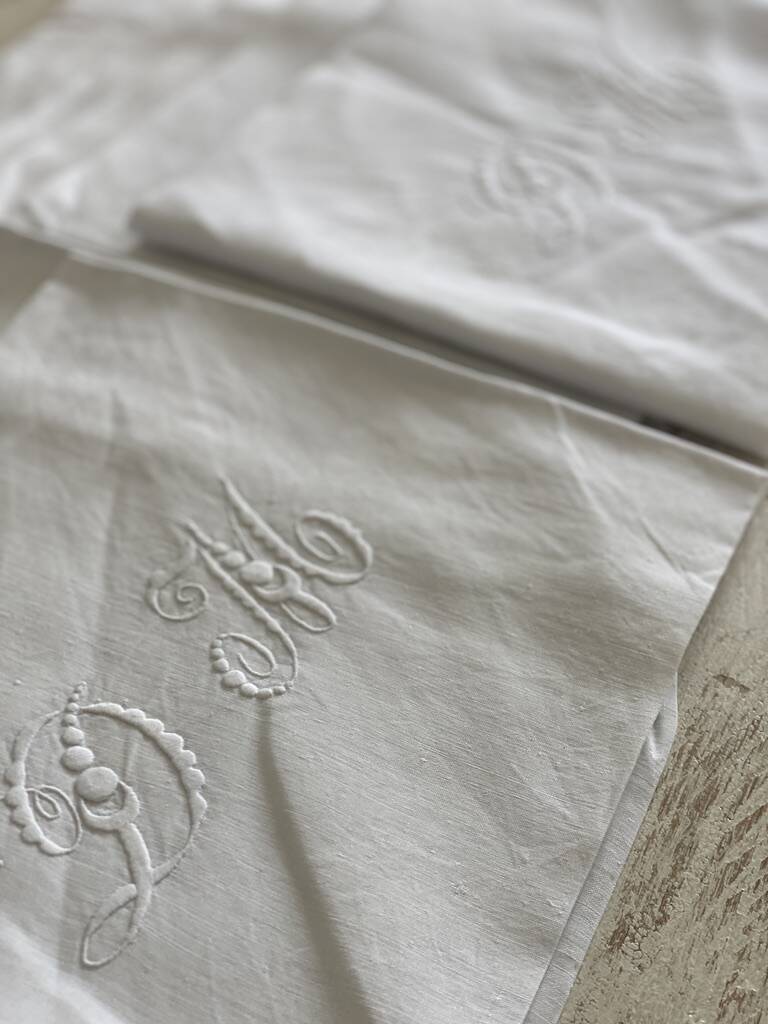 Set of 10 antique hand-embroidered "DM" napkins - Linen threads - 72x86 cm