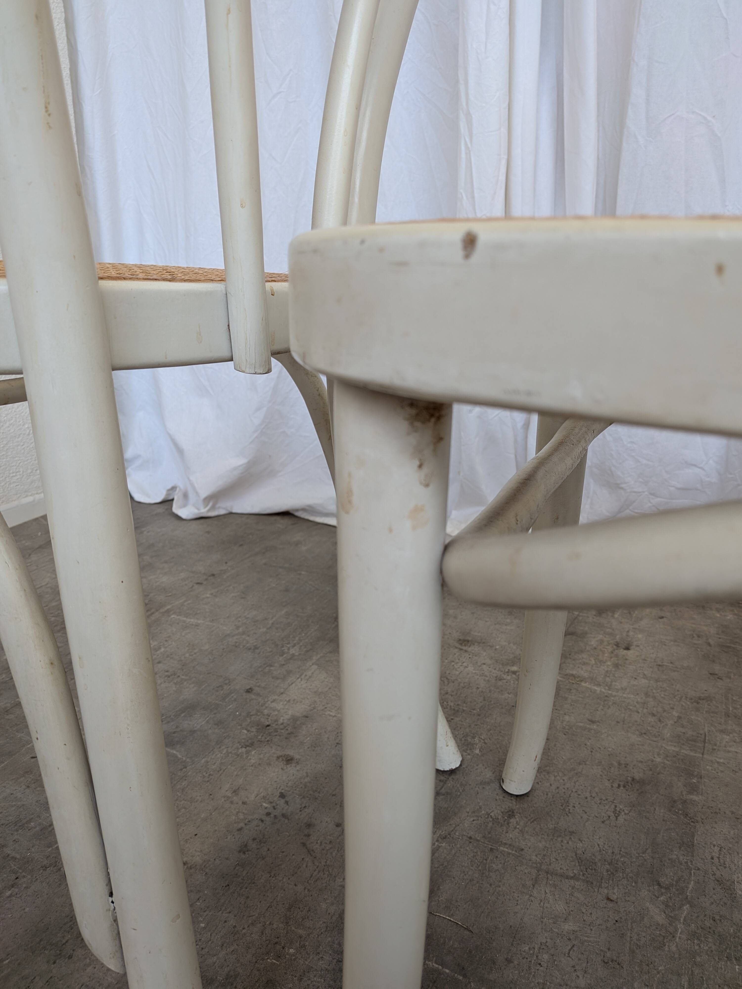 Set of 4 Vintage Thonet Style Dining Chairs: White Wood & Cane Seat