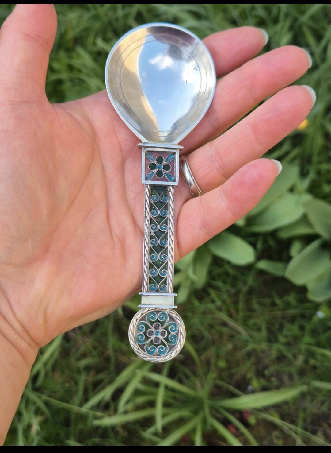 Iconic Antique Jacob Tostrup 950 Silver and Plique-a-jour Enamel Spoon