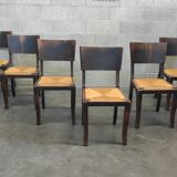 Suite of 6 chairs brutalist style straw and solid oak