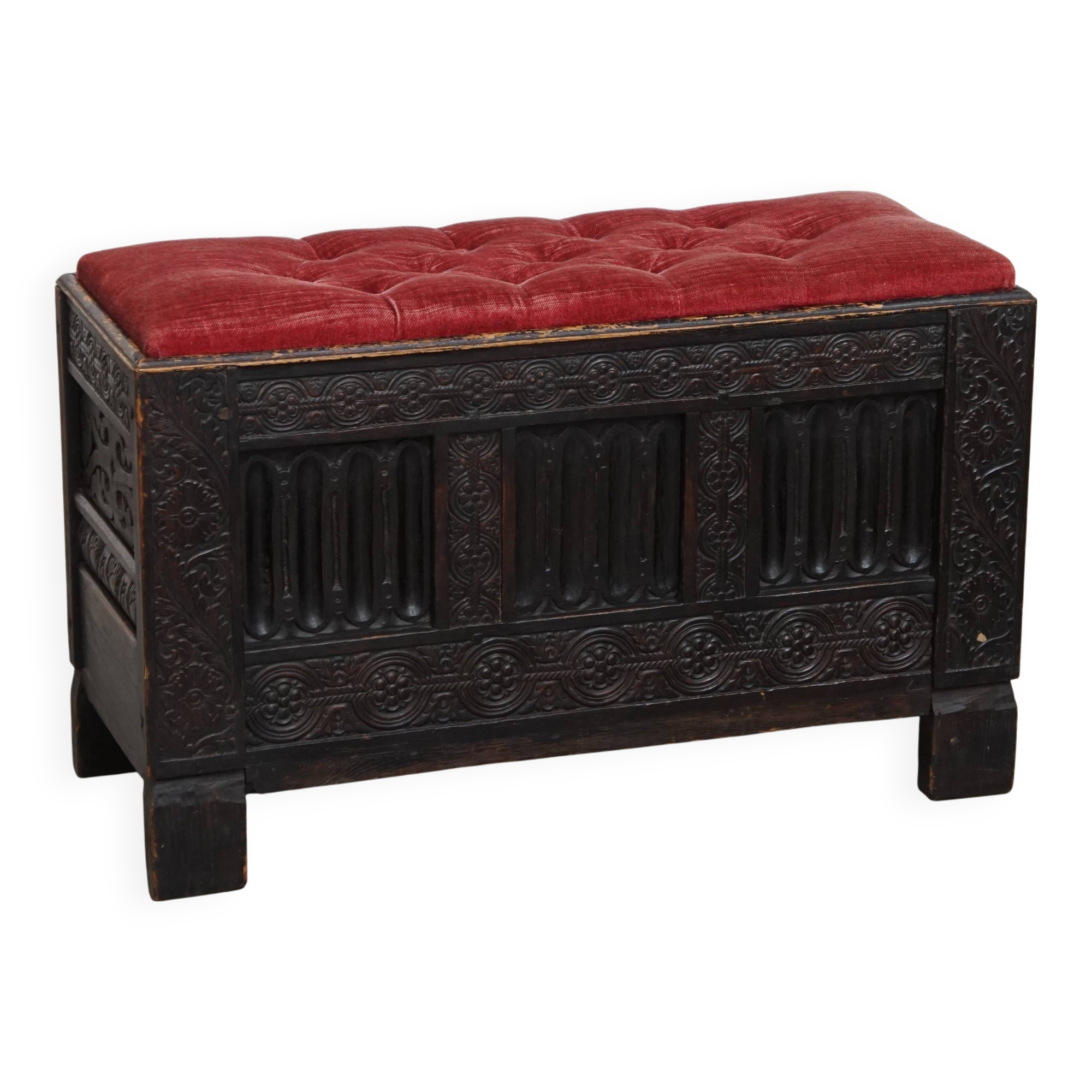 Banc/coffre anglais antique avec siège capitonné rouge