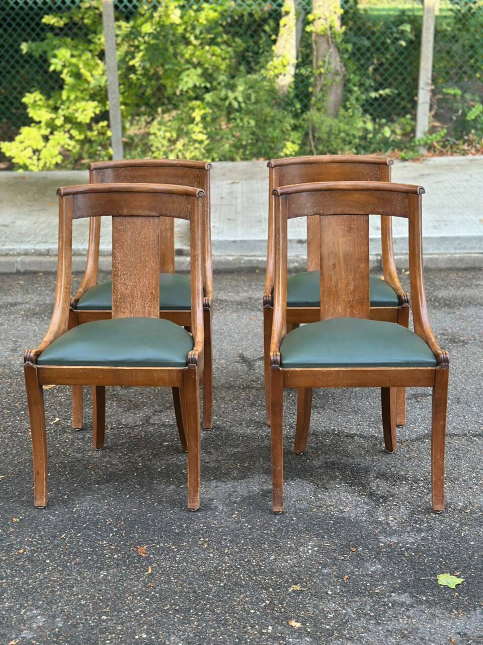 4 gondola chairs, Charles X restoration, solid wood and green leather, 19th century.
