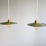 Pair of industrial pendant lights in green enamelled sheet metal