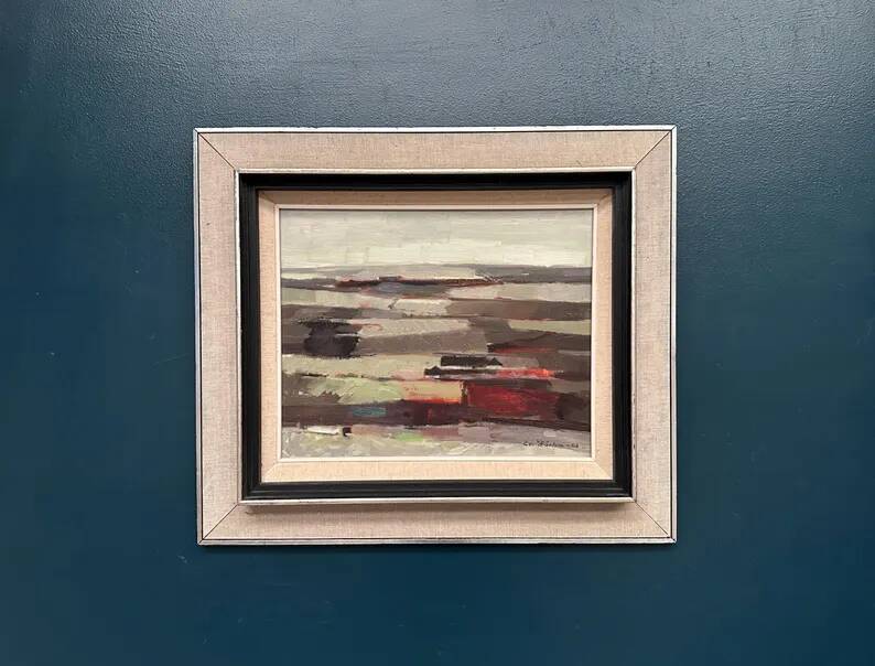 Original Swedish Oil on Panel – “Field Patches” by Evert Färhm (1901–1971) – Signed – 1968 – Vintage & Framed – 61 × 53 cm (24" × 20.9")