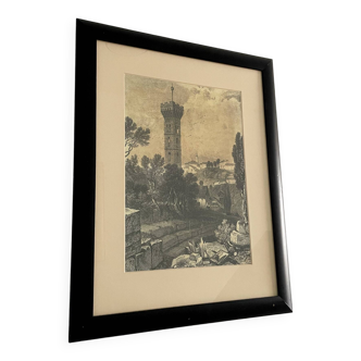 Cathédrale de Fiesole, impression encadrée en noir et blanc d'un paysage urbain italien de 1849