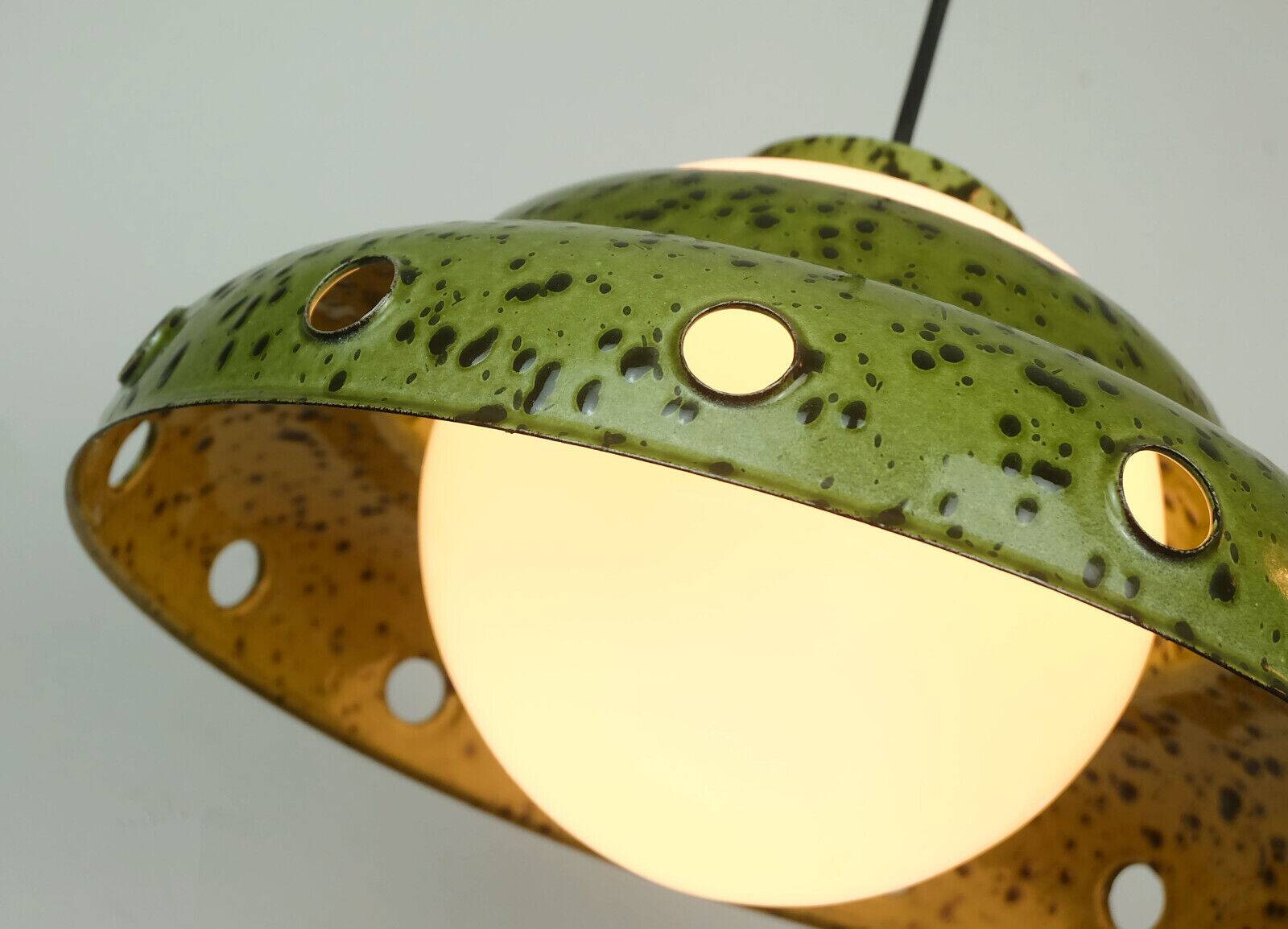 Mid century pendant light enamel metal white glass 1960s