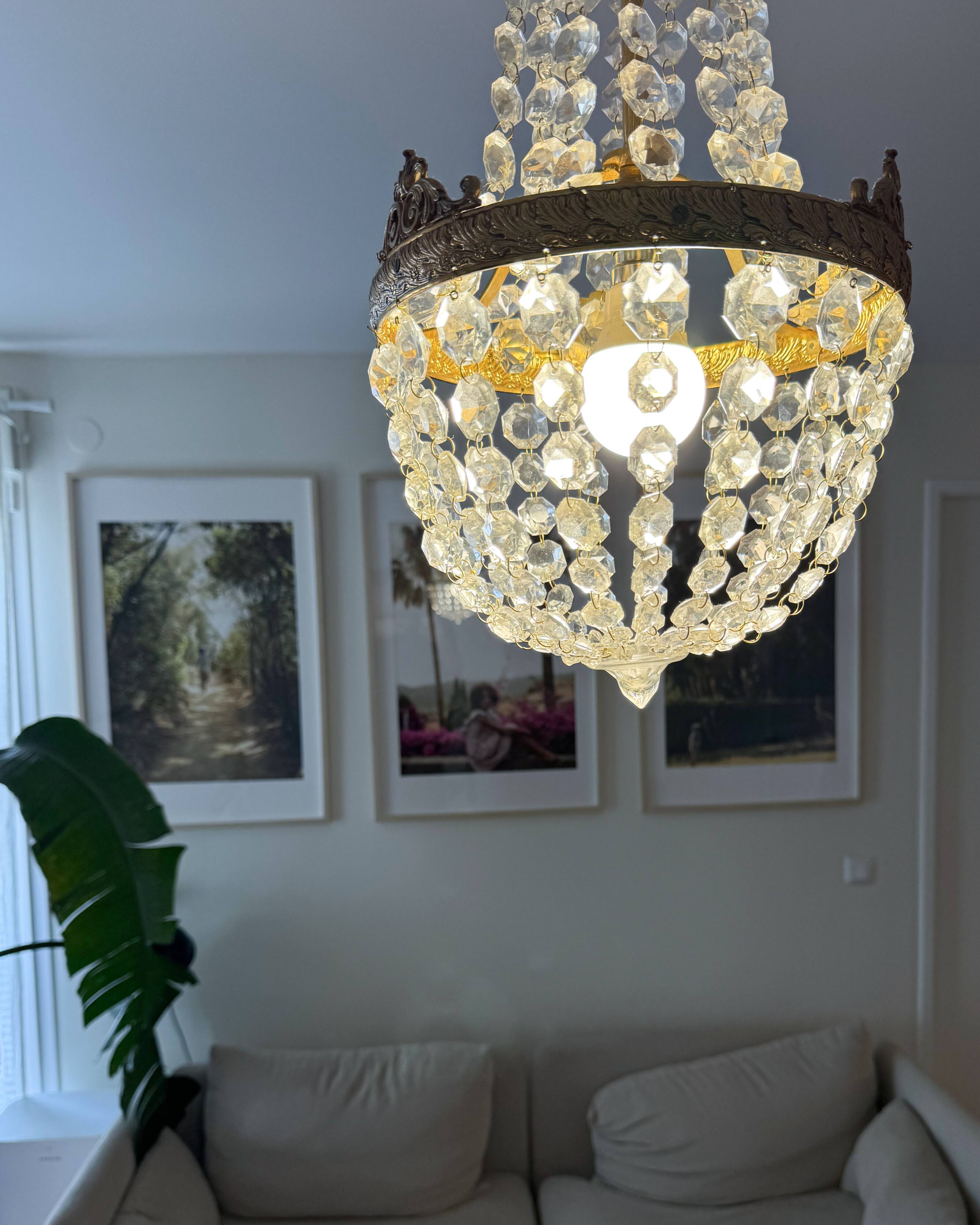 Antique brass and cut glass balloon chandelier