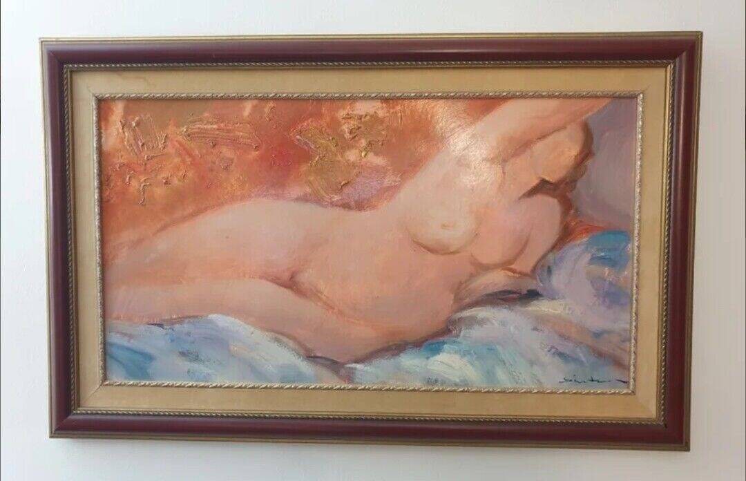 Peinture à l'huile vintage représentant une femme nue allongée du XXe siècle
