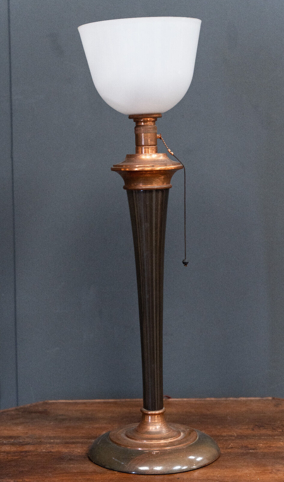 White Mazda opaline lamp on stand in wood and brass