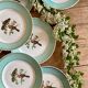 Set of 10 vintage flat plates with bird drawings