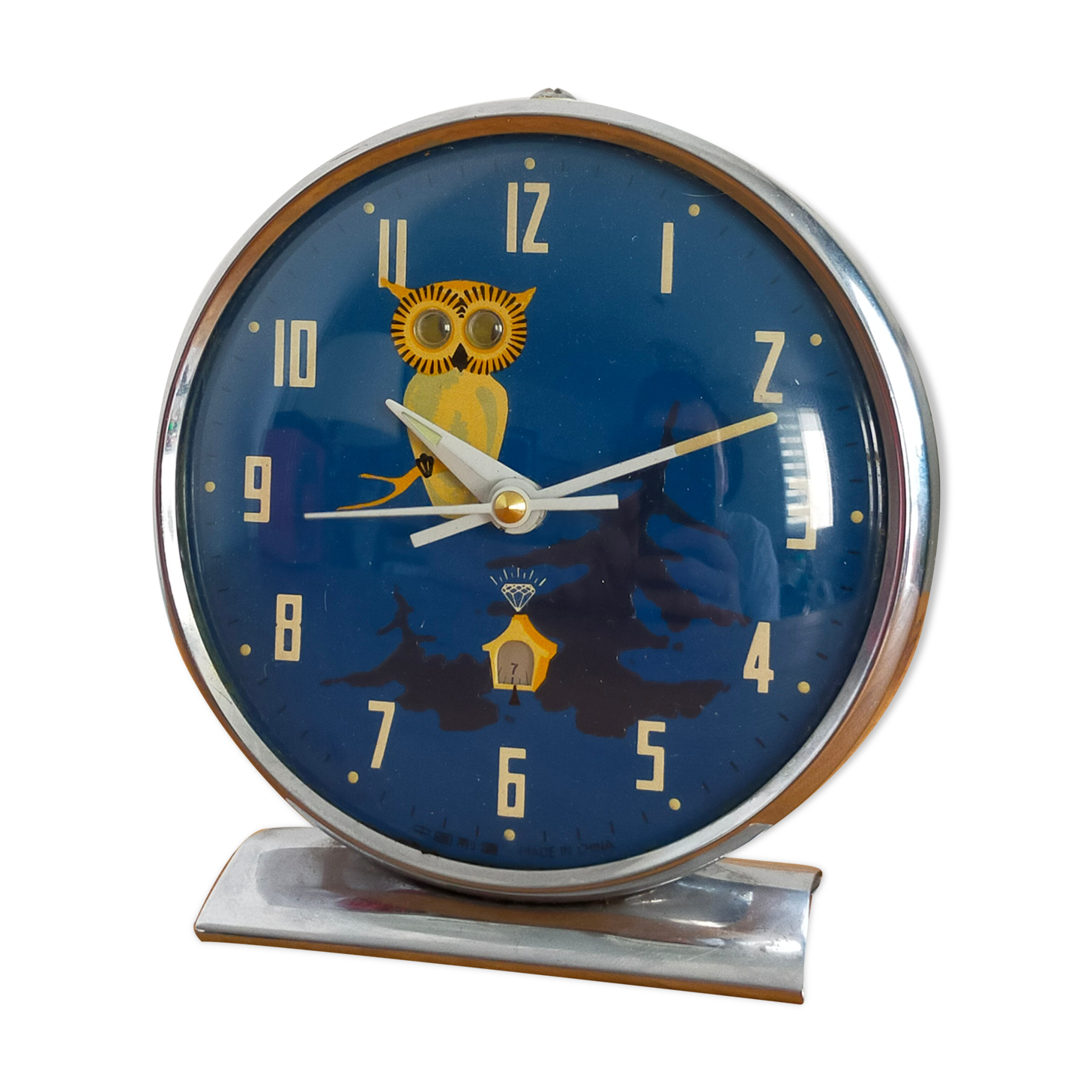 Vintage animated alarm clock in blue owl metal