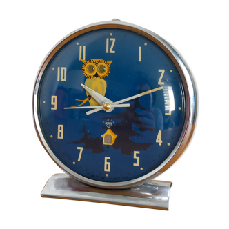 Vintage animated alarm clock in blue owl metal