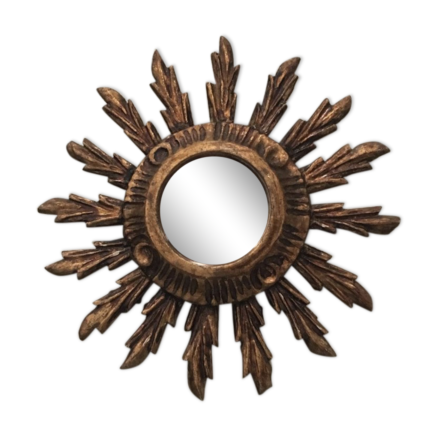 Miroir soleil en bois doré français 70s