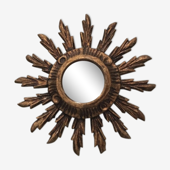 Miroir soleil en bois doré français 70s