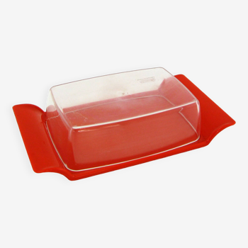 Orange and transparent plastic butter dish - Soupledur France - vintage 70s