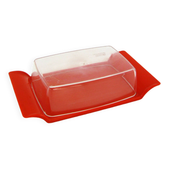 Orange and transparent plastic butter dish - Soupledur France - vintage 70s