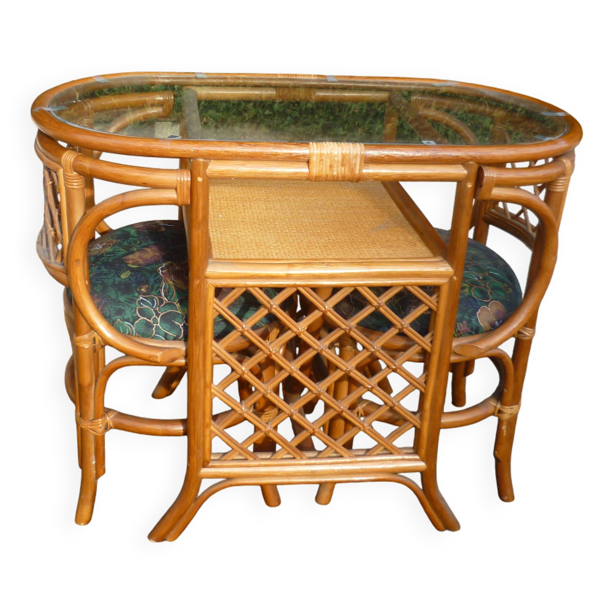 Rattan set table + 2 vintage armchairs 1980