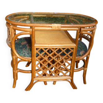 Ensemble en rotin table + 2 fauteuils vintage 1980