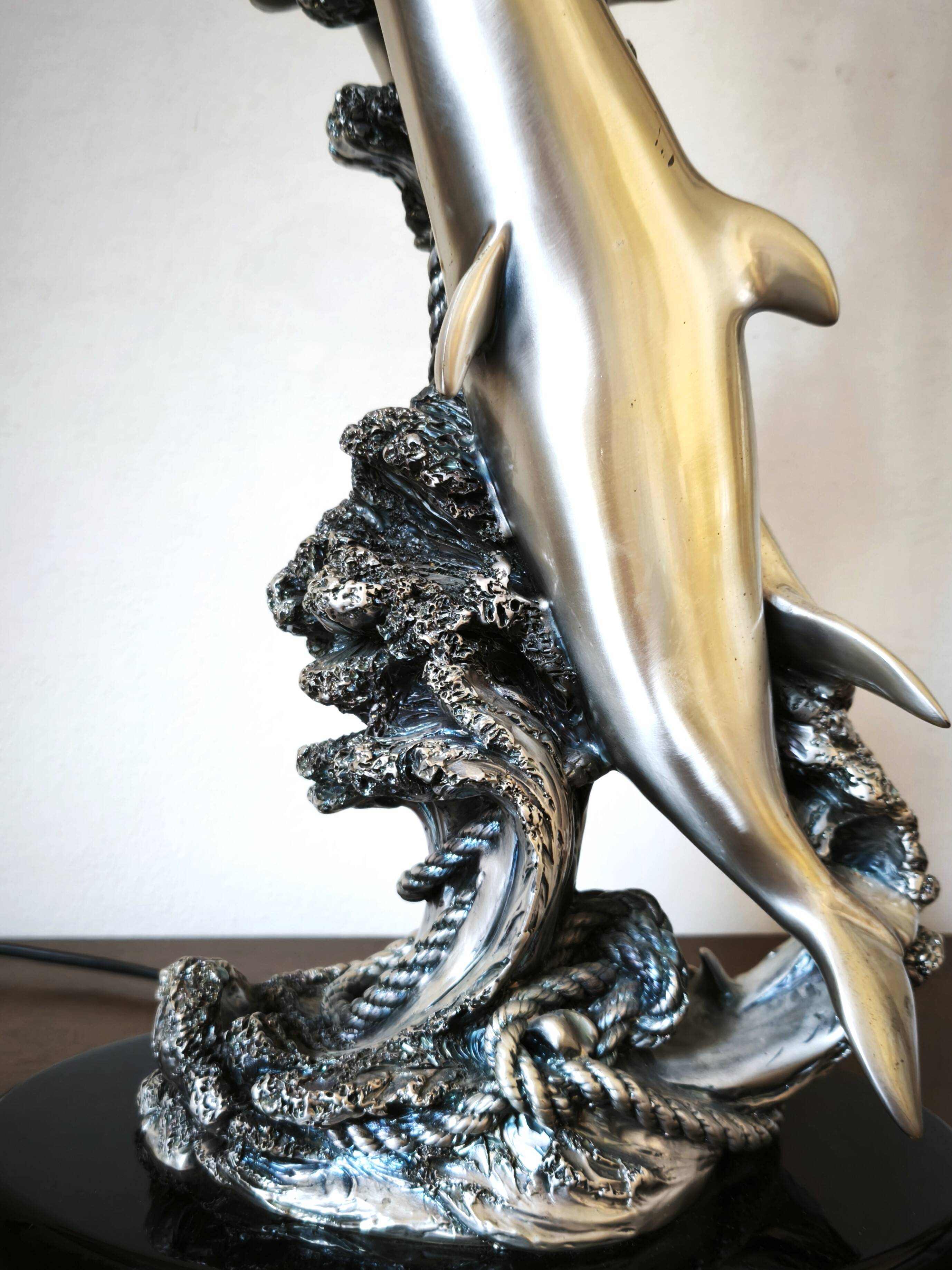 Large sculptural lamp MIDA Argenti silver dolphins Italy